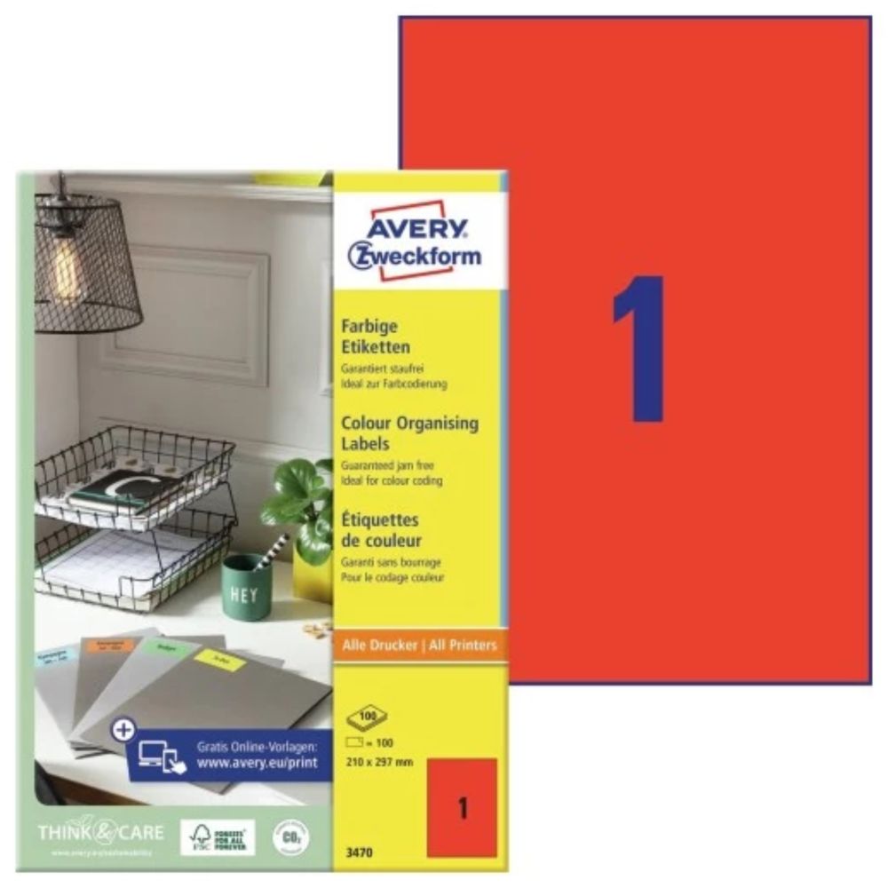 Etikety farebné papierové 210x297mm (1/A4) 100ks, Avery červené