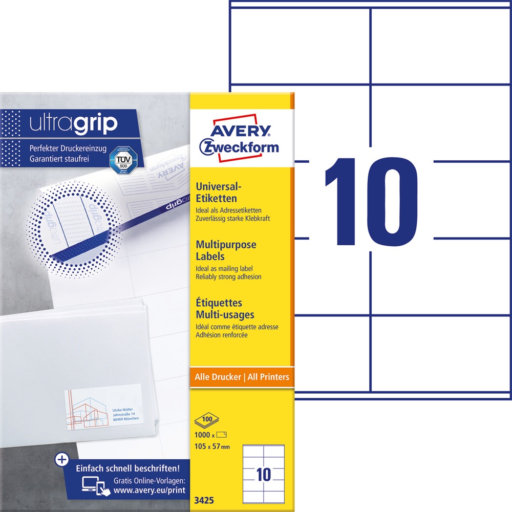 Etikety univerzálne papierové 105x57mm (10/A4) 100ks, Avery biele