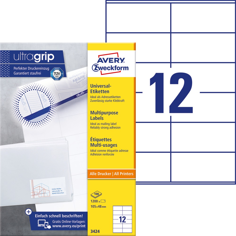 Etikety univerzálne papierové 105x48mm (12/A4) 100ks, Avery biele