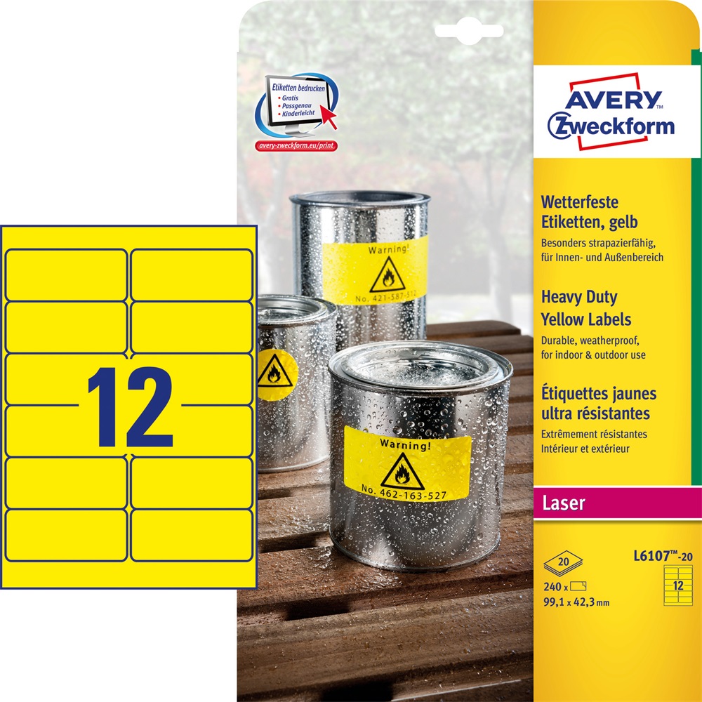 Etikety vodeodolné polyesterové 99,1x42,3mm (12/A4) 20ks, Avery žlté