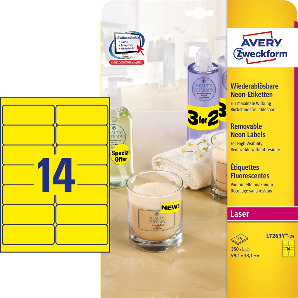 Etikety odnímateľné papierové 99,1x38,1mm (14/A4) 25ks, Avery neónovo žlté