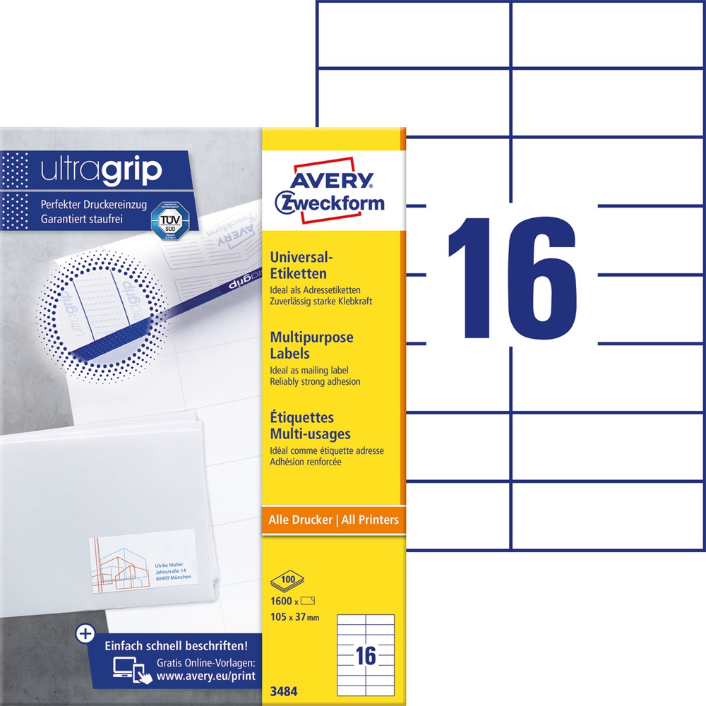 Etikety univerzálne papierové 105x37mm (16/A4) 100ks, Avery biele