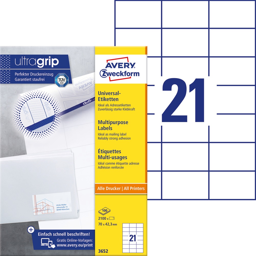 Etikety univerzálne papierové 70x42,3mm (21/A4) 100ks, Avery biele