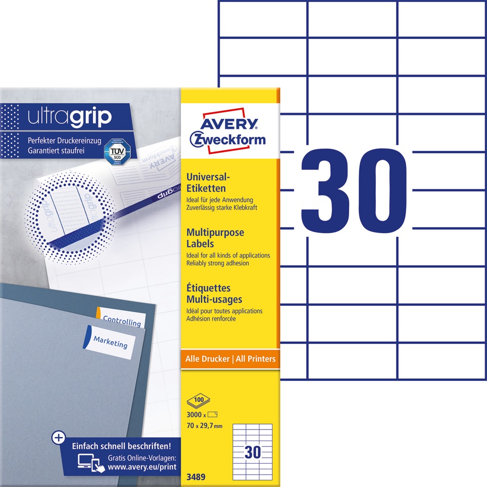 Etikety univerzálne papierové 70x29,7mm (30/A4) 100ks, Avery biele