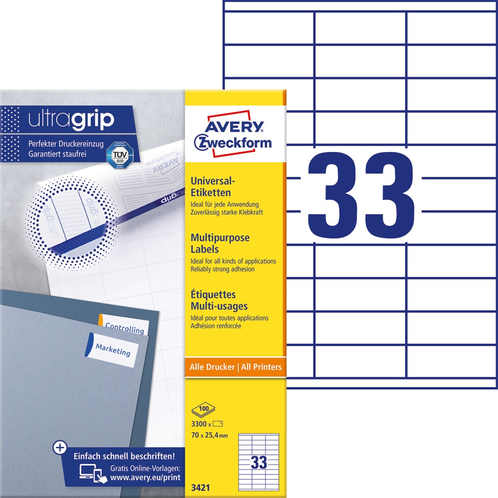 Etikety univerzálne papierové 70x25,4mm (33/A4) 100ks, Avery biele