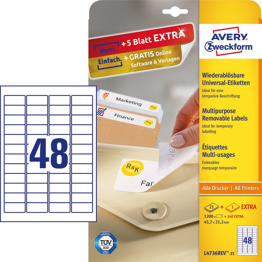 Etikety univerzálne odnímateľné papierové 45,7x21,2mm (48/A4) 25ks, Avery biele