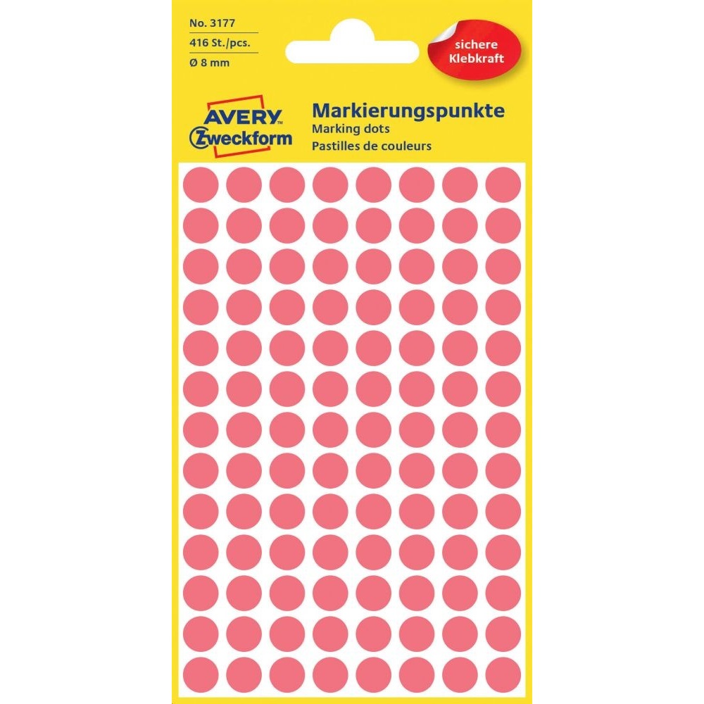 Etikety kruhové 8mm (104/hárok) 10 hárky, Avery neónové červené