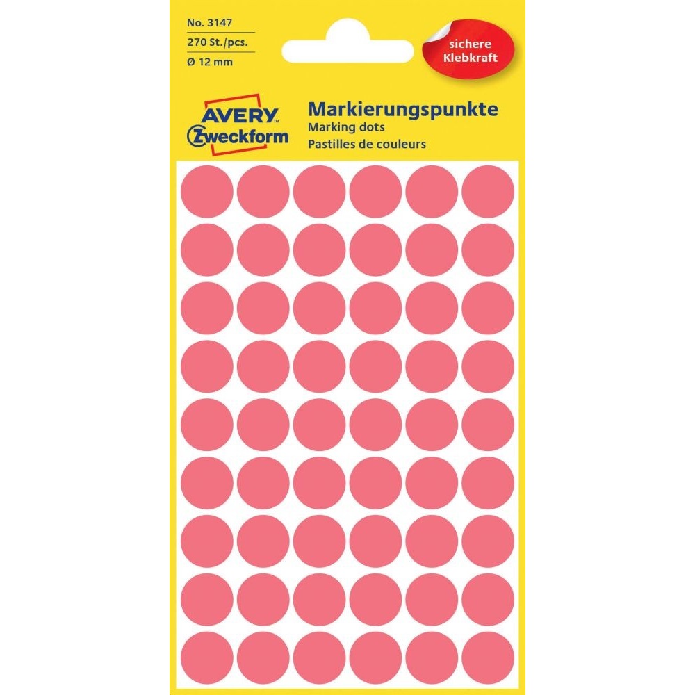 Etikety kruhové 12mm (54/hárok) 5 hárkov, Avery neónové červené