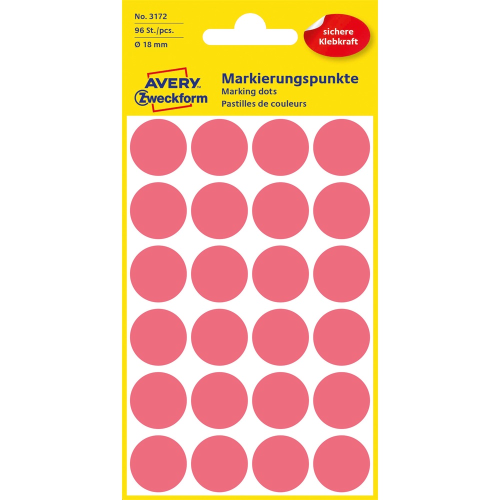 Etikety kruhové 18mm (24/hárok) 4 hárky, Avery neónové červené