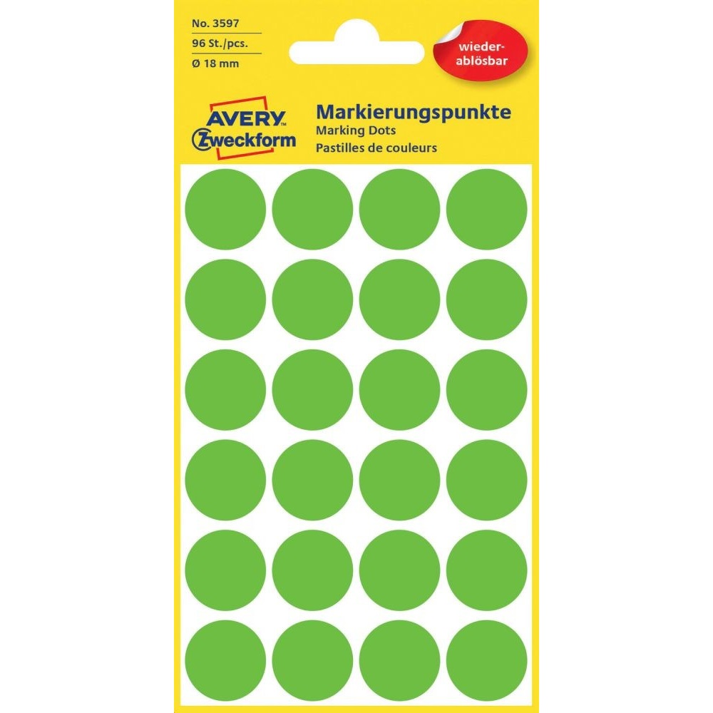 Etikety kruhové odnímateľné 18mm (24/hárok) 4 hárky, Avery zelené