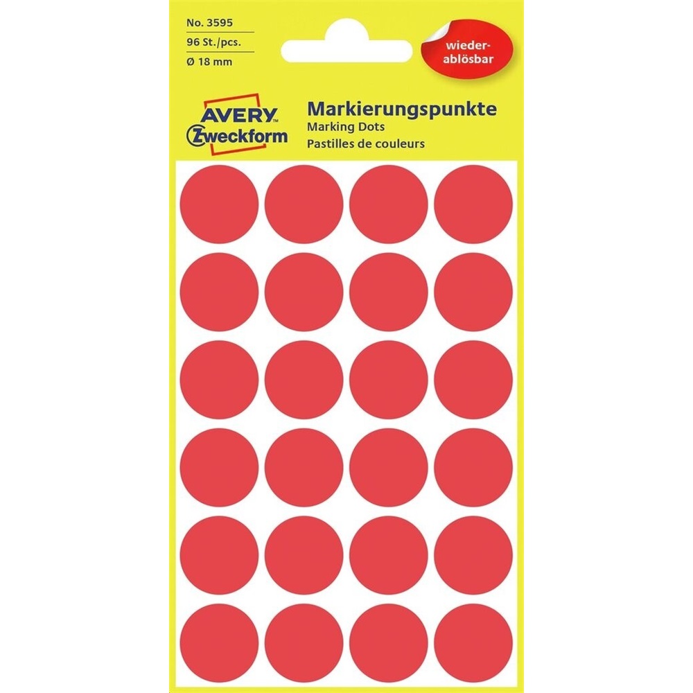 Etikety kruhové odnímateľné 18mm (24/hárok) 4 hárky, Avery červené