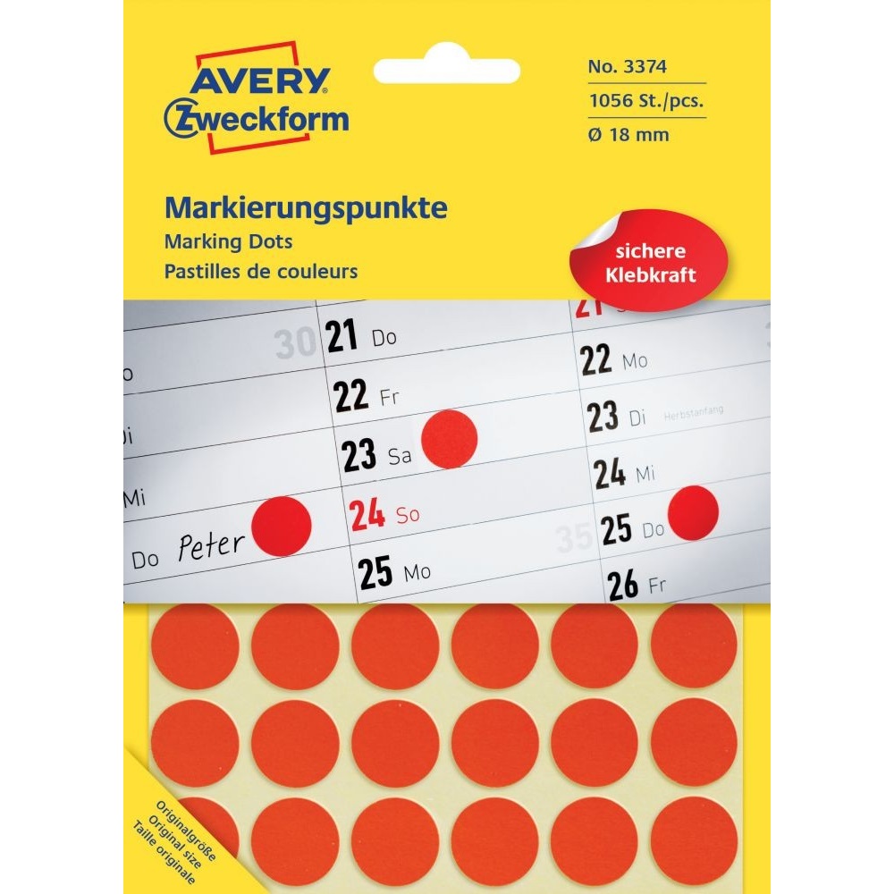 Etikety kruhové 18mm (24/hárok) 44 hárkov, Avery červené