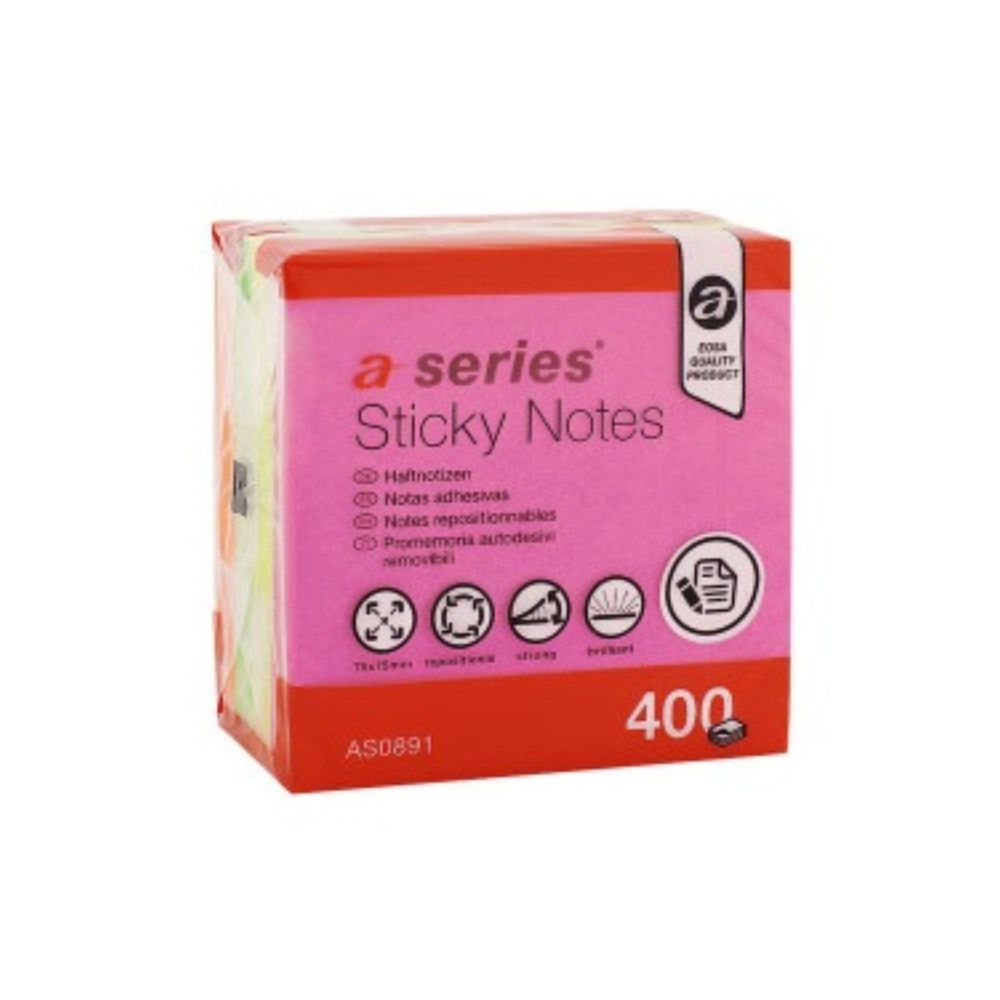 Samolepiaci bloček 75x75mm 4x100 lístkov A-Series mix žiarivých farieb