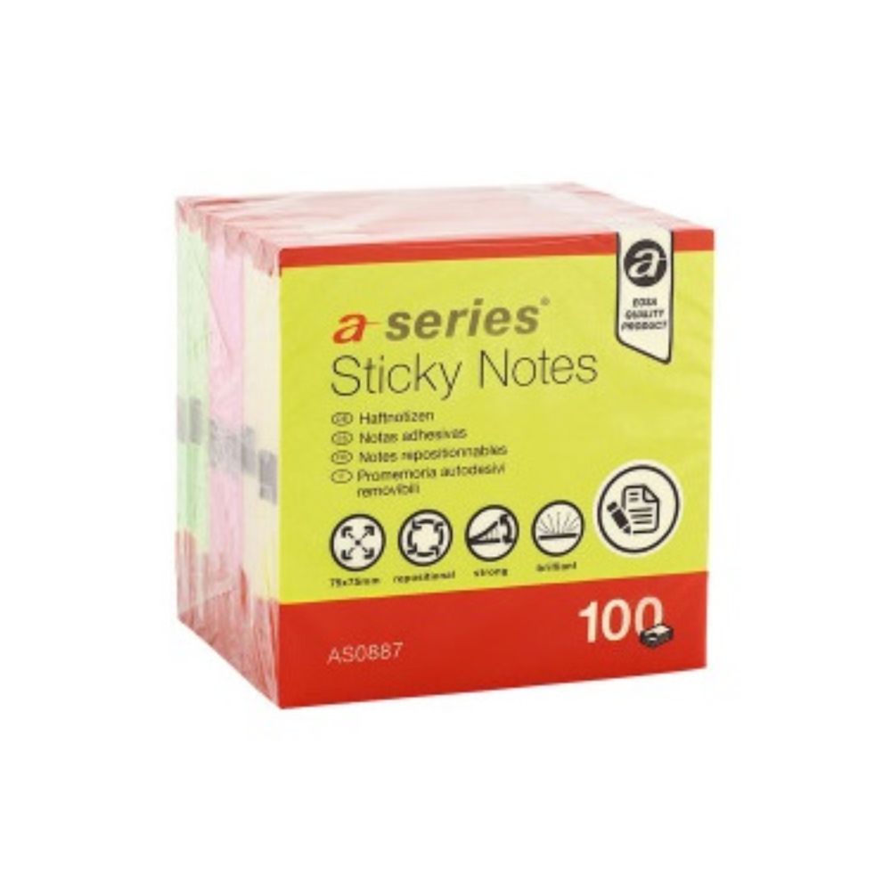 Samolepiaci bloček 75x75mm 6x100 lístkov A-Series mix žiarivých farieb