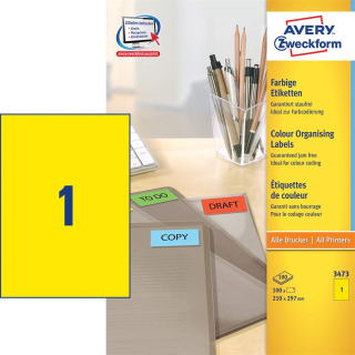 Etikety farebné papierové 210x297mm (1/A4) 100ks, Avery žlté