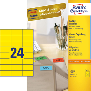 Etikety univerzálne papierové 70x37mm (24/A4), 100ks, Avery žlté