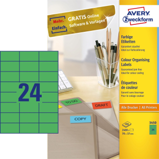 Etikety univerzálne papierové 70x37mm (24/A4), 100ks, Avery zelené