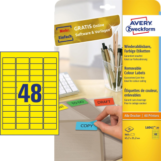 Etikety univerzálne odnímateľné papierové 45,7x21,2mm (48/A4), 20ks, Avery žlté