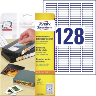 Etikety univerzálne odnímateľné papierové 43,2x8,5mm (128/A4) 25ks, Avery biele