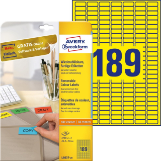 Etikety univerzálne odnímateľné papierové 25,4x10mm (189/A4), 20ks, Avery žlté