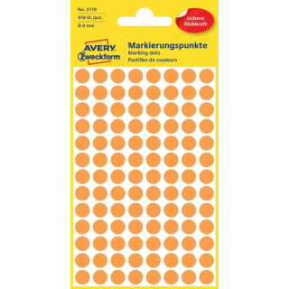Etikety kruhové 8mm (104/hárok) 4 hárky, Avery neónové oranžové