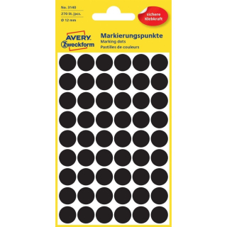 Etikety kruhové 12mm (54/hárok) 5 hárkov, Avery čierne