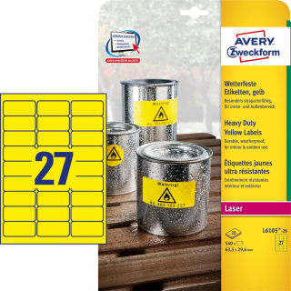 Etikety vodeodolné polyesterové 63,5x29,6mm (27/A4) 20ks, Avery žlté